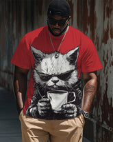 Big & Tall Men's Street Fashion Sunglasses Cat Printed Round Neck Short Sleeve T-Shirt